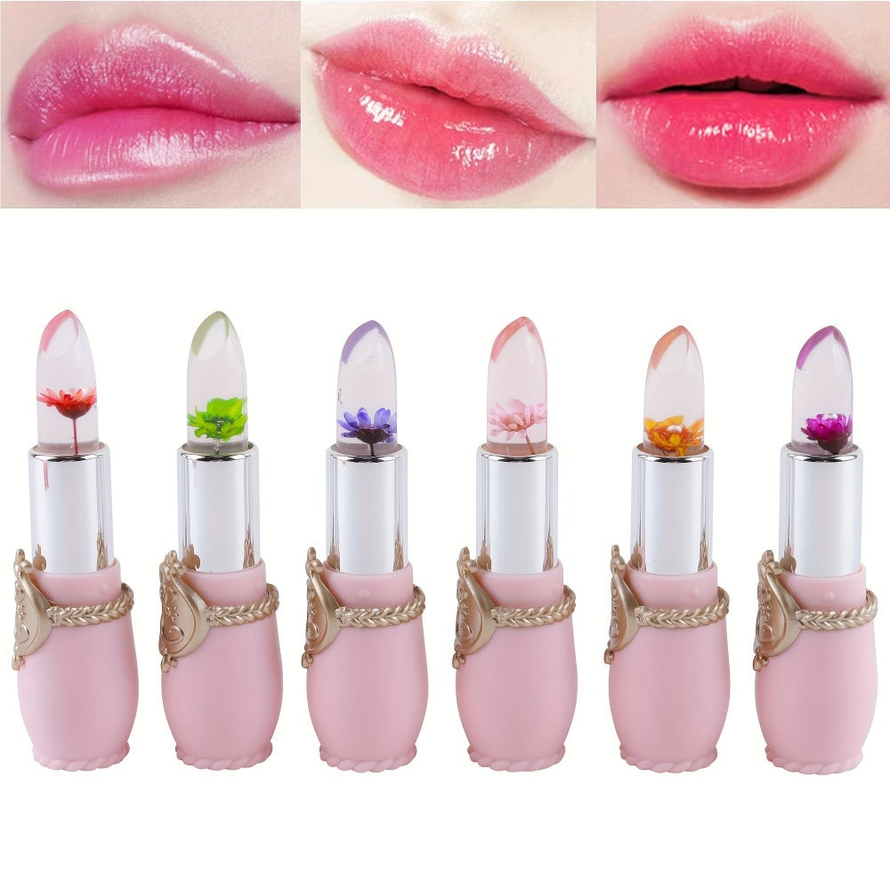 Color Changing Lip Balm Set 6PCS Flower Jelly Lipstick Thermostat Tinted Peach Flavor, for Makeup, Travel and Everyday Vanity Use