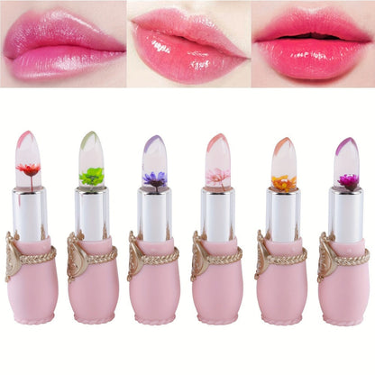 Color Changing Lip Balm Set 6PCS Flower Jelly Lipstick Thermostat Tinted Peach Flavor, for Makeup, Travel and Everyday Vanity Use