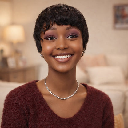 Brazilian Human Hair Pixie Cut Wig 150% Density Short Straight Machine Made Rose Net Cap Glueless Natural Black 4 Inch | Beginner Friendly