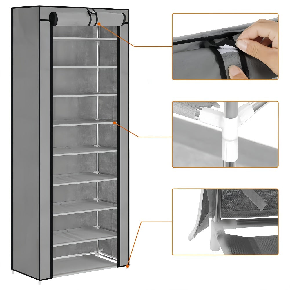Shoe Rack with Dust Cover, 6/8/10 Tier High- Space Saving Shoe Organizer, Easy Assembly, 12mm Pipe