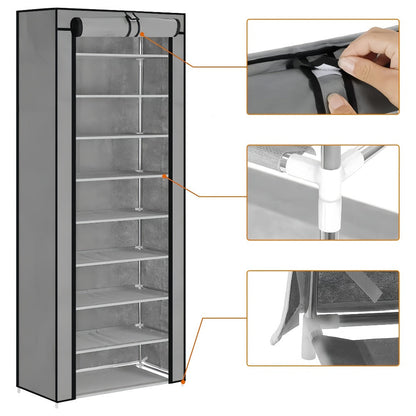Shoe Rack with Dust Cover, 6/8/10 Tier High- Space Saving Shoe Organizer, Easy Assembly, 12mm Pipe