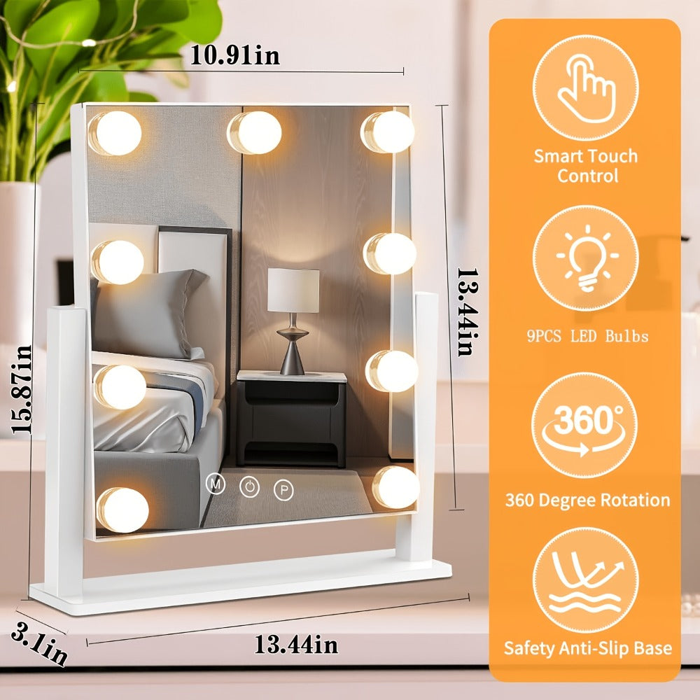 Makeup Mirror with Nine Bulb-Style LEDs, Three Light Colors, Touch Memory, 360° Rotation and Optional 5X Mirror