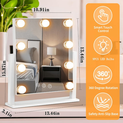 Makeup Mirror with Nine Bulb-Style LEDs, Three Light Colors, Touch Memory, 360° Rotation and Optional 5X Mirror