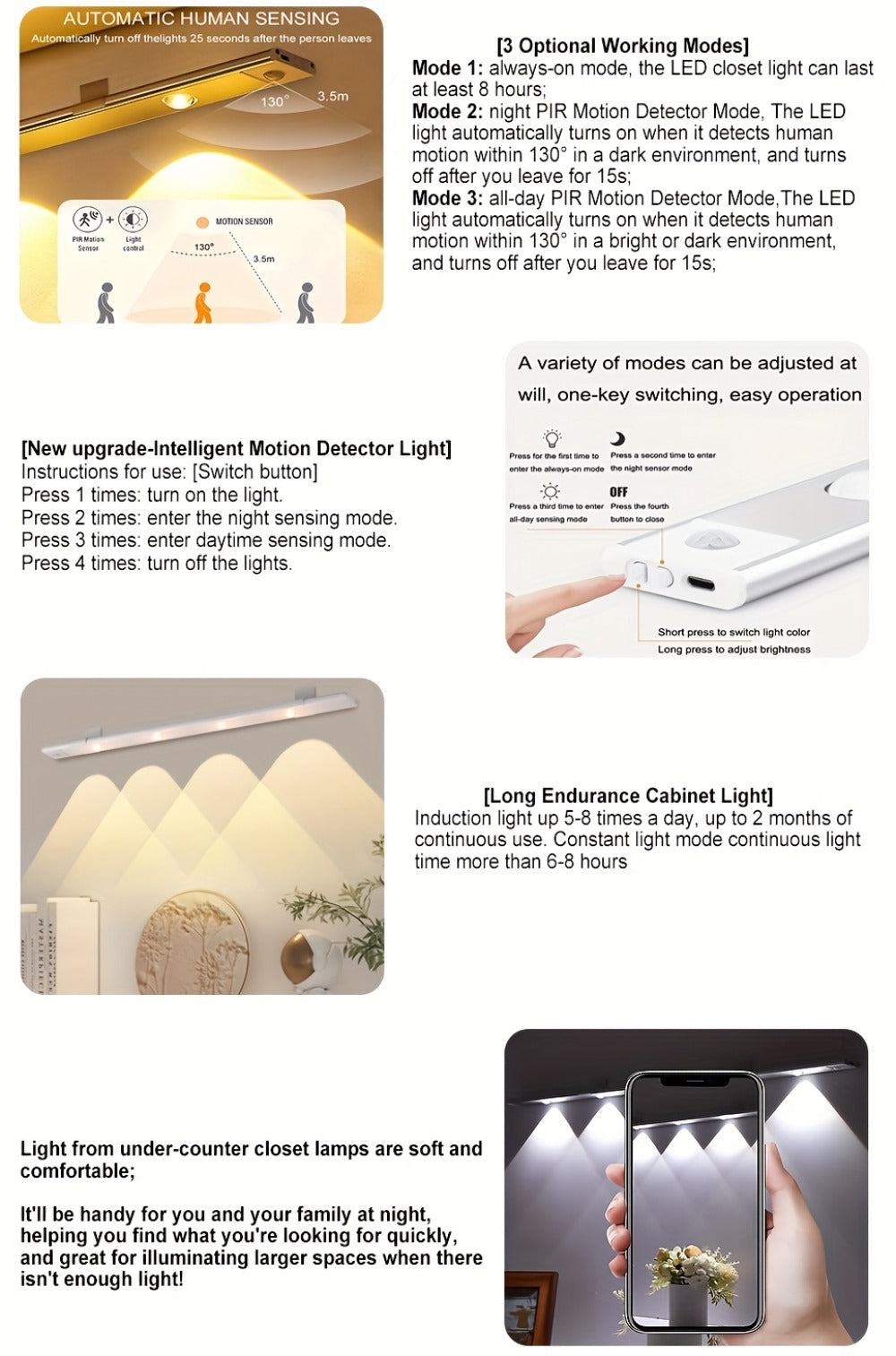 LED Sensor Strip Light USB Rechargeable – 3-Color Dimmable Motion Sensing Wireless Night Light for Kitchen, Wardrobe, Cabinet