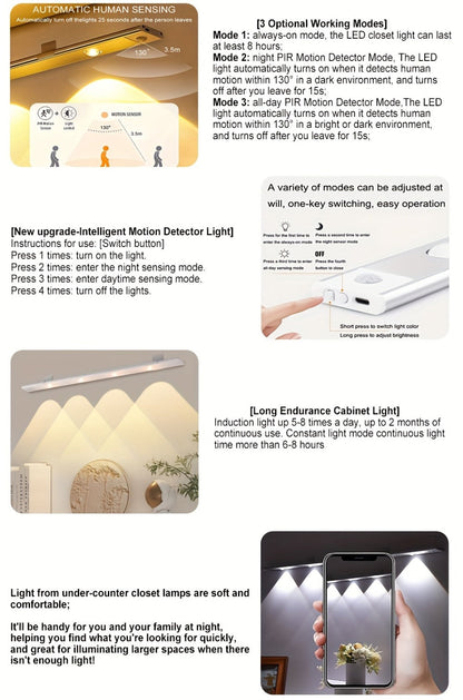 LED Sensor Strip Light USB Rechargeable – 3-Color Dimmable Motion Sensing Wireless Night Light for Kitchen, Wardrobe, Cabinet