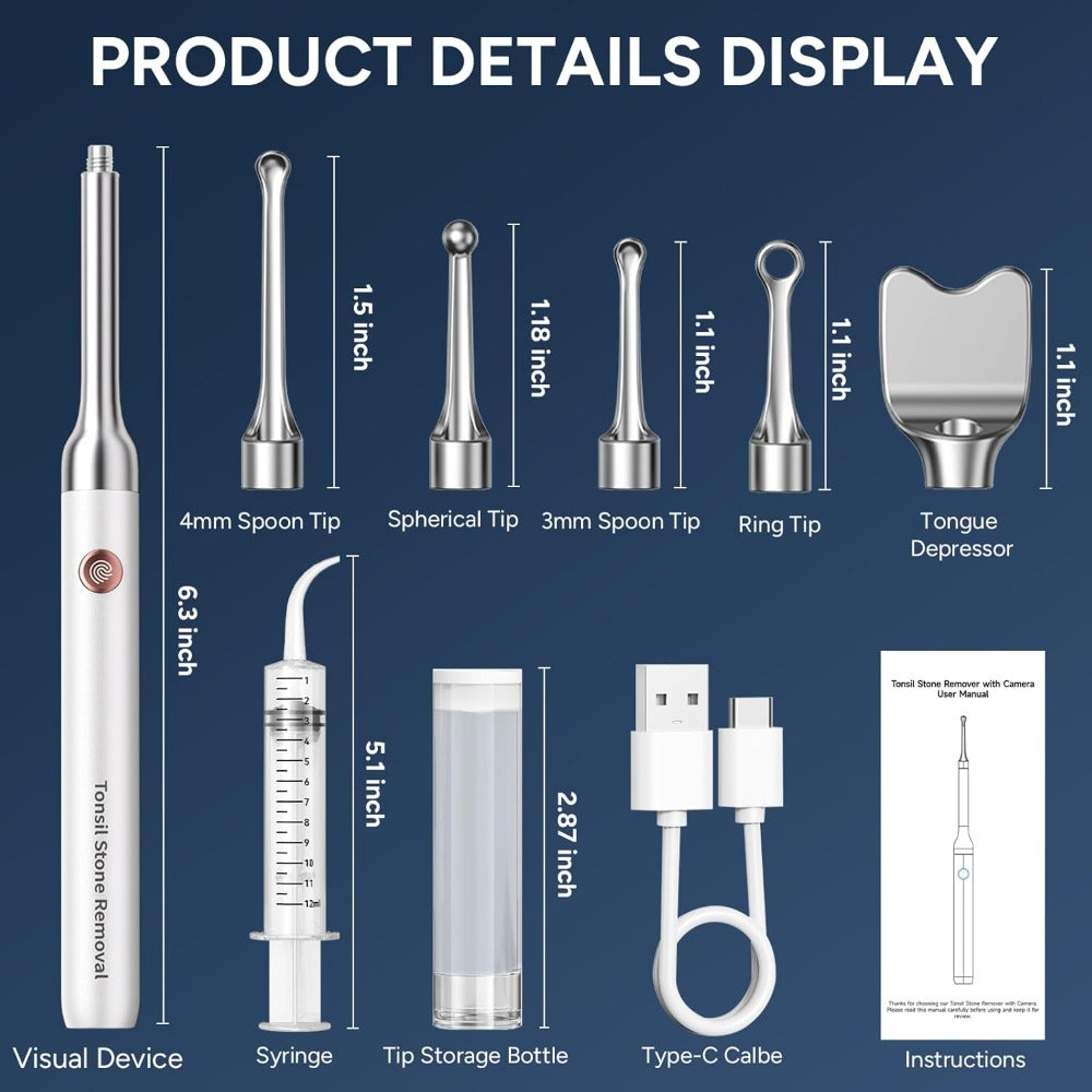Visual Tonsil Stone Remover with 1080P HD Camera – 6 LED Lights, 5 Stainless Steel Heads, Bad Breath Prevention, iOS & Android Compatible