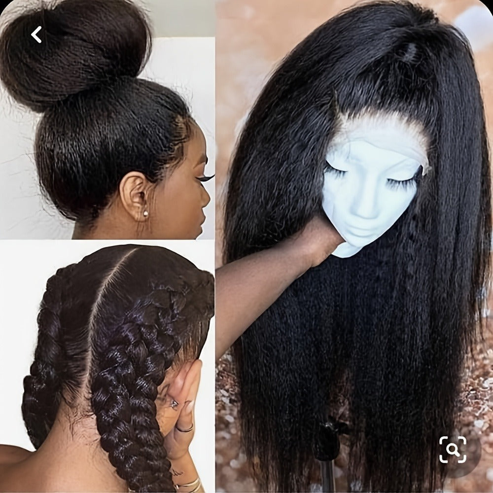 Synthetic Wig 26-Inch Black Kinky-Straight Yaki with HD Lace Front, Glueless Cap and with Item-Specific Color, Length, Texture and Cap