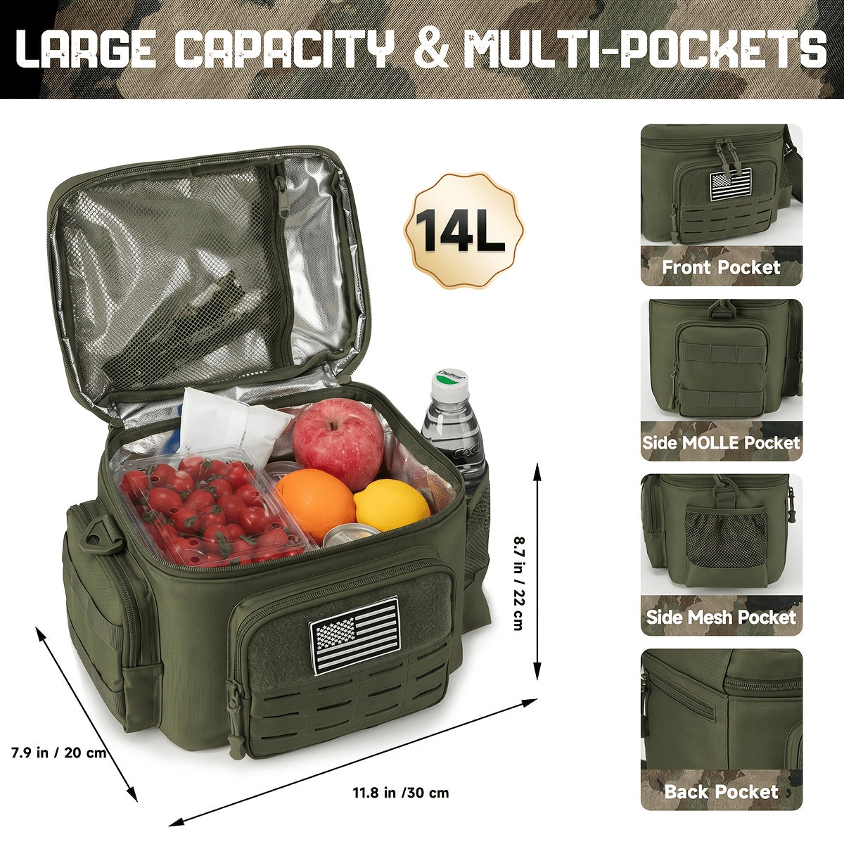 Tactical Insulated Cooler Lunch Box with MOLLE Webbing – Expandable & Leakproof, 3.7 Gal or 18L, for Hunting, Camping