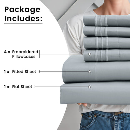 Fitted Sheet Set 6-Piece Brushed Polyester Deep Pocket Bed Sheets 20 Colors Hotel Luxury Bedding with Embroidered Pillowcases