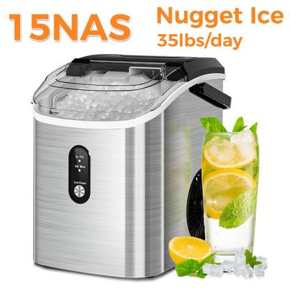 Stainless Steel Ice Maker Countertop – 35 Lbs Soft Chewable Nugget Ice or 26 Lbs Bullet Ice, Pebble Portable Ice Machine for Home, Kitchen