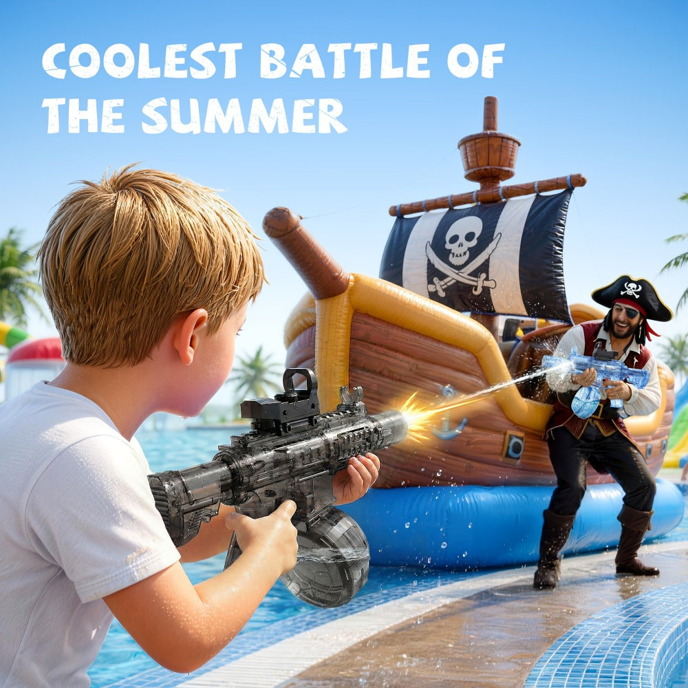 Two-Piece Electric Light-and-Sound Water Blaster Sets in 727 or 737 Models and Blue or Black Colors