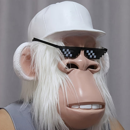 White-Haired Cartoon Ape Full-Head Costume Mask with White Cap and Pixel-Style Glasses in Two Face Styles