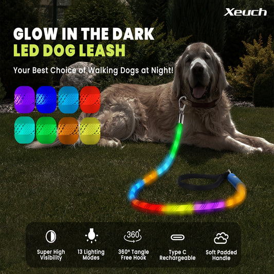 LED Dog Leash 4FT Light Up with 13 Lighting Modes & Tangle-Free Hook, Rechargeable Glow in the Dark Night Walking Leash