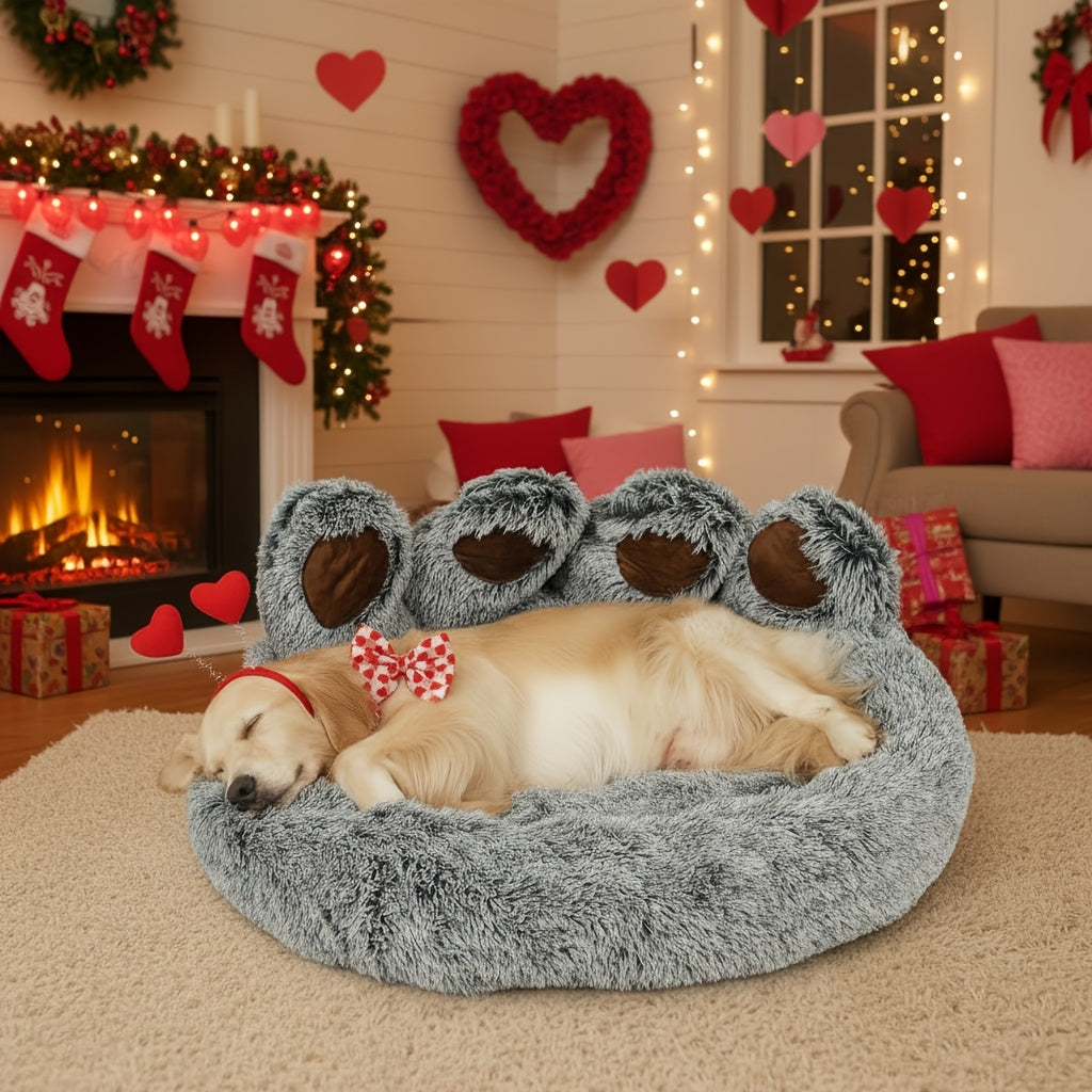 Dog Bed Cat Bed Bear Paw Shaped Donut – Calming Round Plush Pet Mattress, Warm & Soft Cuddler Bed for Dogs and Cats, Includes Pet Scarf