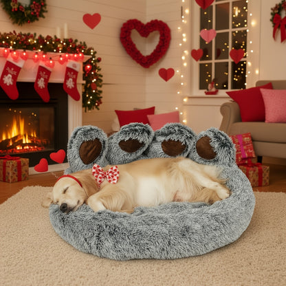 Dog Bed Cat Bed Bear Paw Shaped Donut – Calming Round Plush Pet Mattress, Warm & Soft Cuddler Bed for Dogs and Cats, Includes Pet Scarf
