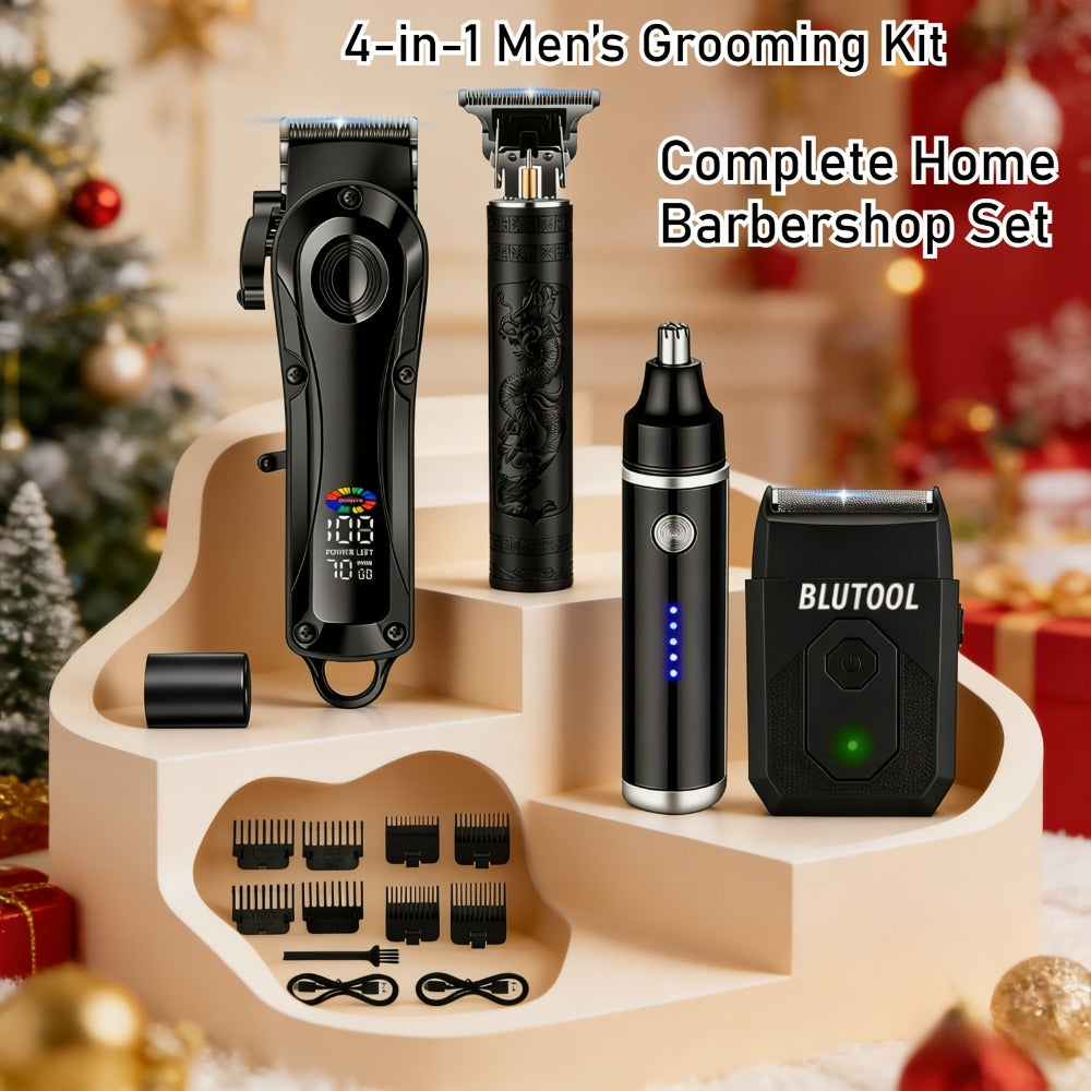 Hair Clipper & Trimmer Set 4-Piece for Men – Professional Barber Kit with Nose Trimmer, Detail Trimmer, Guide Comb