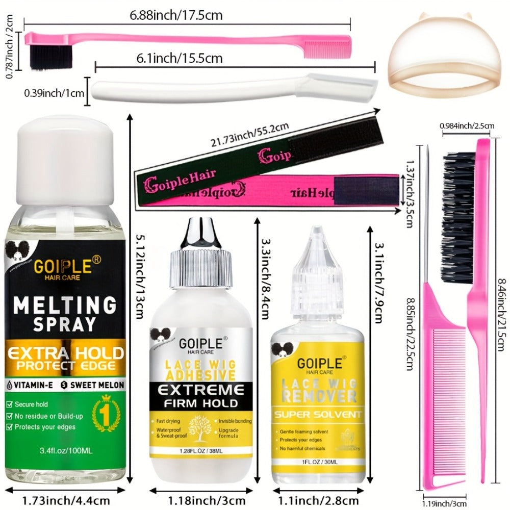 Lace Wig Installation Kit, 10-Piece Set with Melting Spray, Liquid Bottles, Bands, Caps, Combs and Brushes