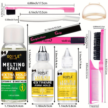Lace Wig Installation Kit, 10-Piece Set with Melting Spray, Liquid Bottles, Bands, Caps, Combs and Brushes