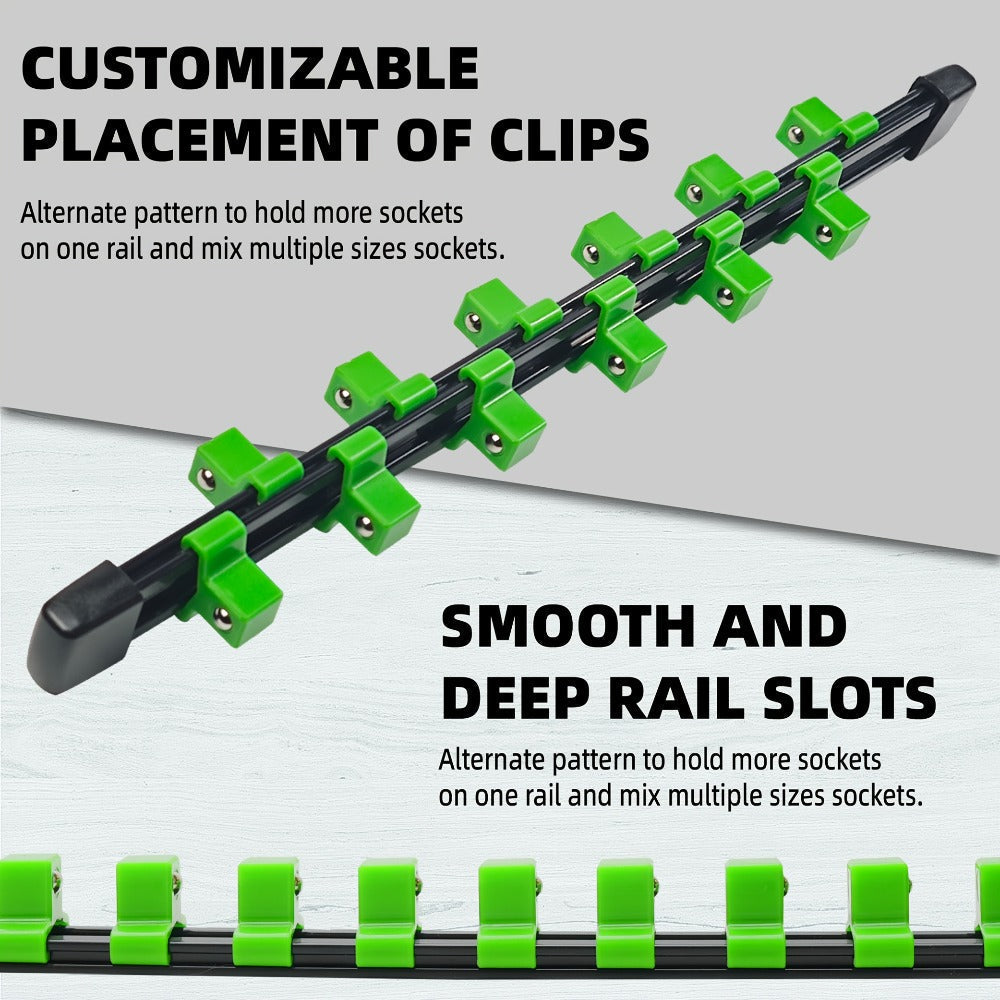 Socket Organizer Set with Rails – Heavy Duty ABS Socket Holder Rack for 1/4", 3/8" & 1/2" Drive – Tool Storage Kit for Toolbox