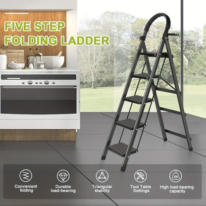Folding Step Ladder 3 / 4 / 5 Step with Anti-Slip Pedal & Tool Tray, Portable Steel Step Stool for Adults