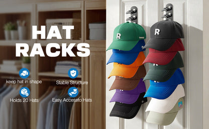 Wall Mounted Hat Rack for Baseball Caps, Adhesive or Drill Mount, Holds 20 Hats, Multilayer Storage
