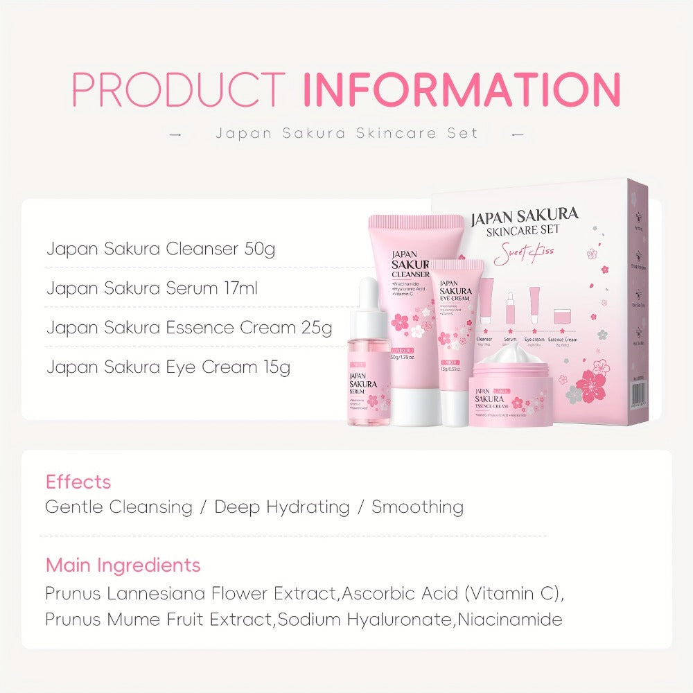 4-Piece Sakura Skincare Gift Set with Cleanser, Serum, Essence Cream and Eye Cream in Coordinated Pink Packaging