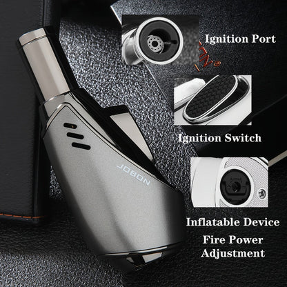 JOBON Angled-Body Torch Lighter with Cigar Punch, Side Ignition Switch and Silver Gift Box