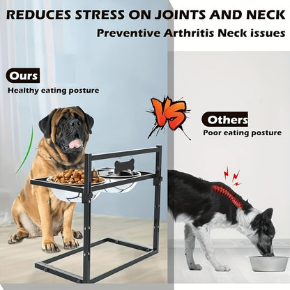 Raised Dog Bowl Stand Adjustable Height – Metal Elevated Feeder with 2 Stainless Steel Bowls for Large Medium Dogs