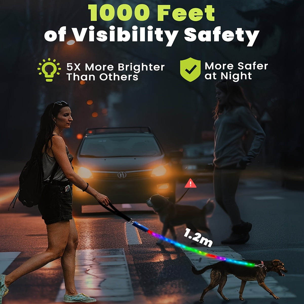 Four-Foot LED Dog Leash with Rechargeable Multicolor Light Strip, Rotating Hook and 13 Pictured Modes