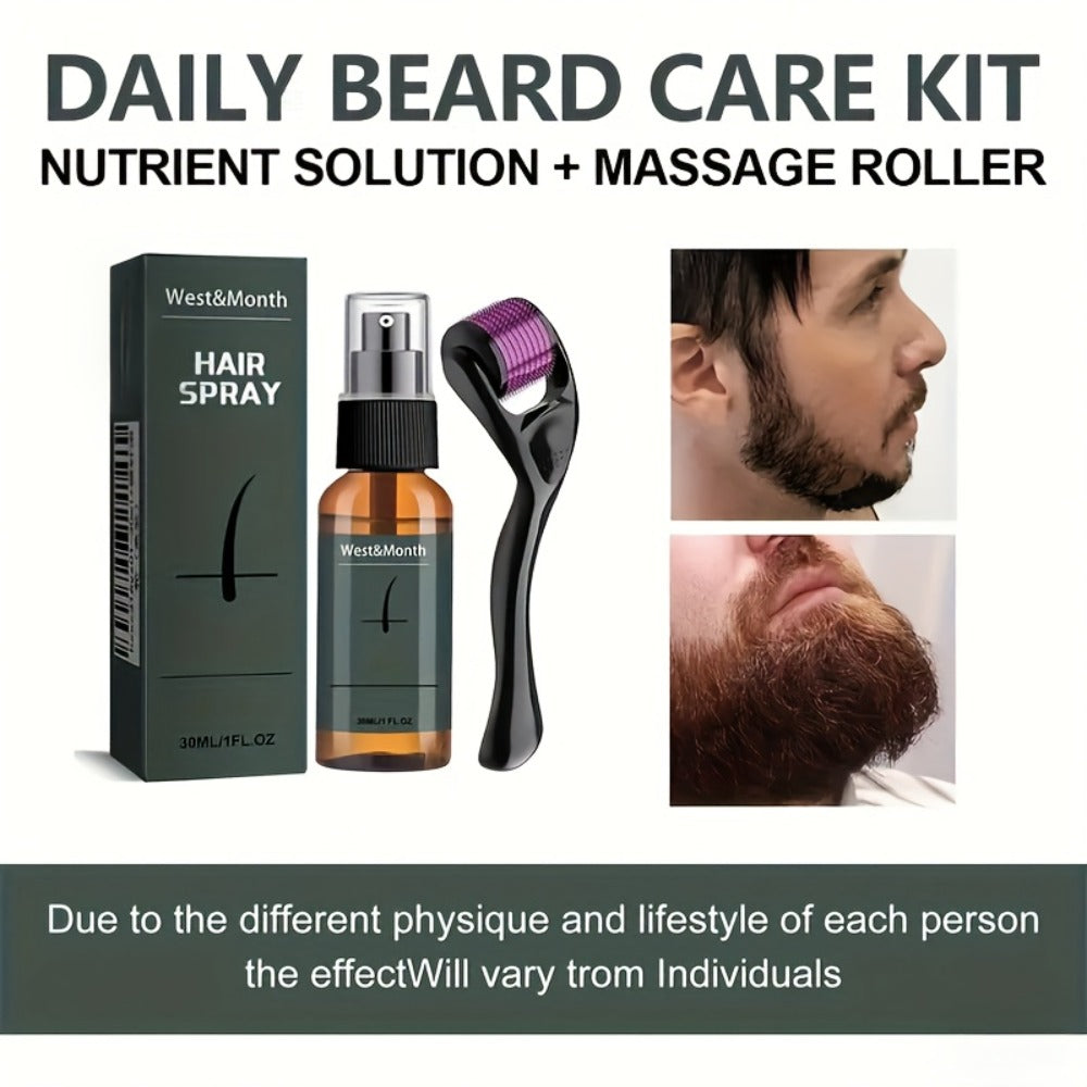 Beard Growth Spray Kit for Men 30ml Ginseng Ginger Extract Beard Moisturizer with 0.25mm Microneedle Derma Roller for Fuller Thicker