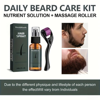 Beard Growth Spray Kit for Men 30ml Ginseng Ginger Extract Beard Moisturizer with 0.25mm Microneedle Derma Roller for Fuller Thicker