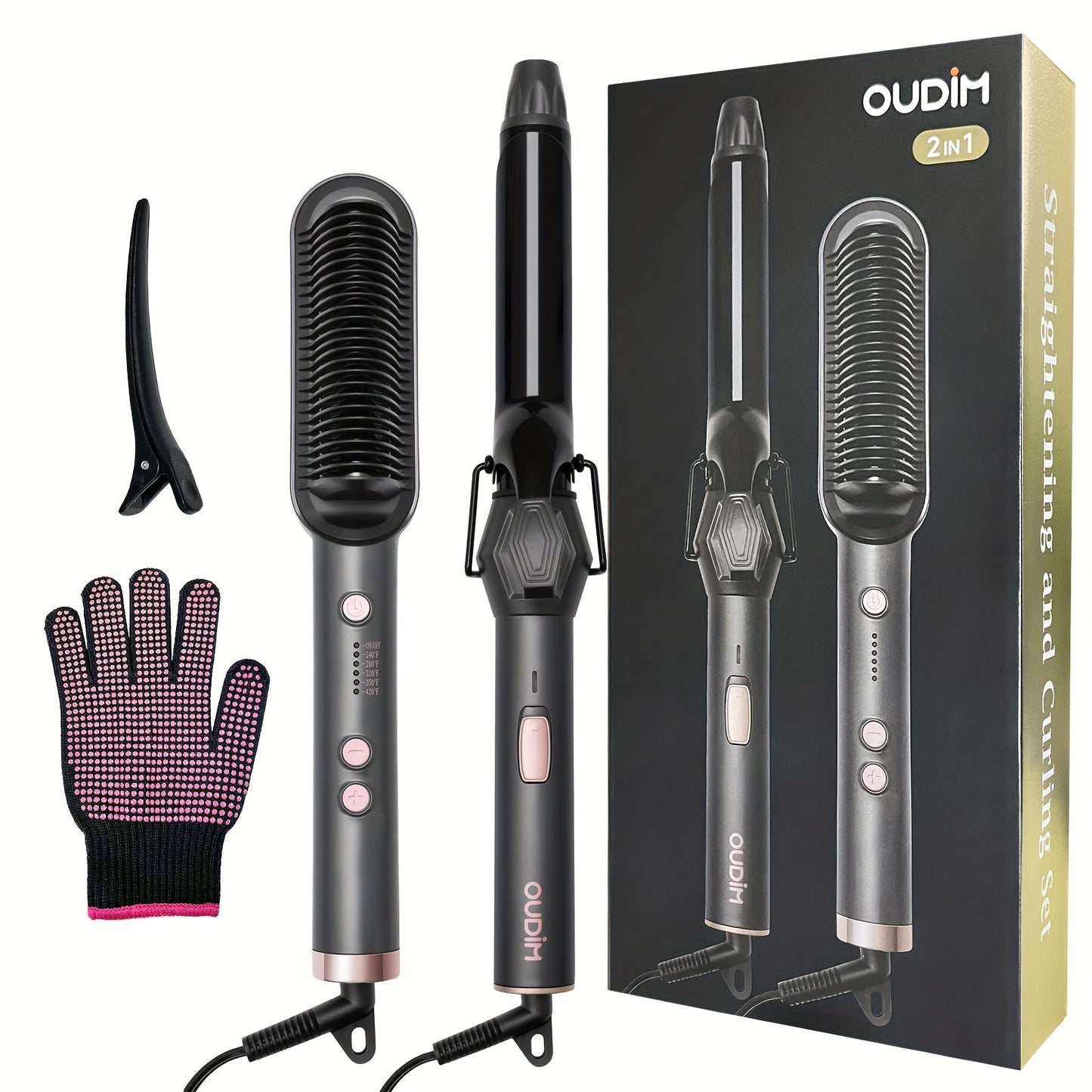 Hair Straightener & Curling Iron Set for Women, Flat Iron Straightening Brush, Anti-Scald, Precise Temperature Control