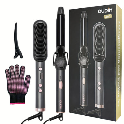 Hair Straightener & Curling Iron Set for Women, Flat Iron Straightening Brush, Anti-Scald, Precise Temperature Control