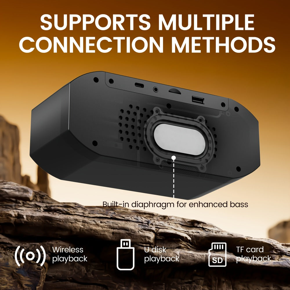 Bluetooth Speaker with Digital Alarm Clock, Fixed-Time Alarm, HD Sound, TWS Stereo Pairing, USB TF Card AUX Input