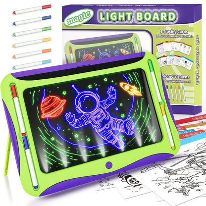 LED Light Up Drawing Board for Kids, 9 Double-Sided Tracing Cards 6 Markers Glow Doodle Travel Art Toy for Girls Boys Ages 3-8