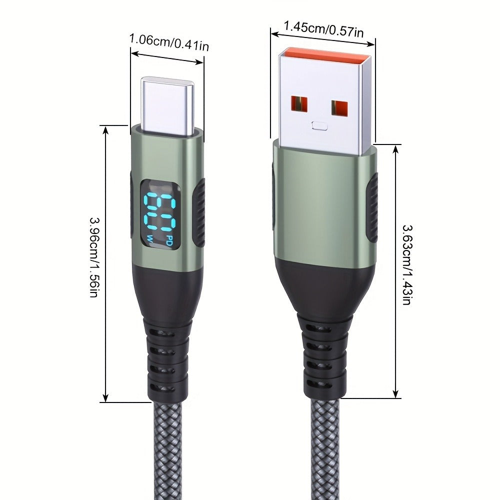 USB-A to USB-C Cable with LED Digital Display, 3A Fast Charging & 480Mbps Data Sync, Nylon Braided Anti-Overheat