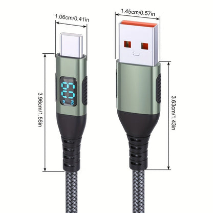 USB-A to USB-C Cable with LED Digital Display, 3A Fast Charging & 480Mbps Data Sync, Nylon Braided Anti-Overheat