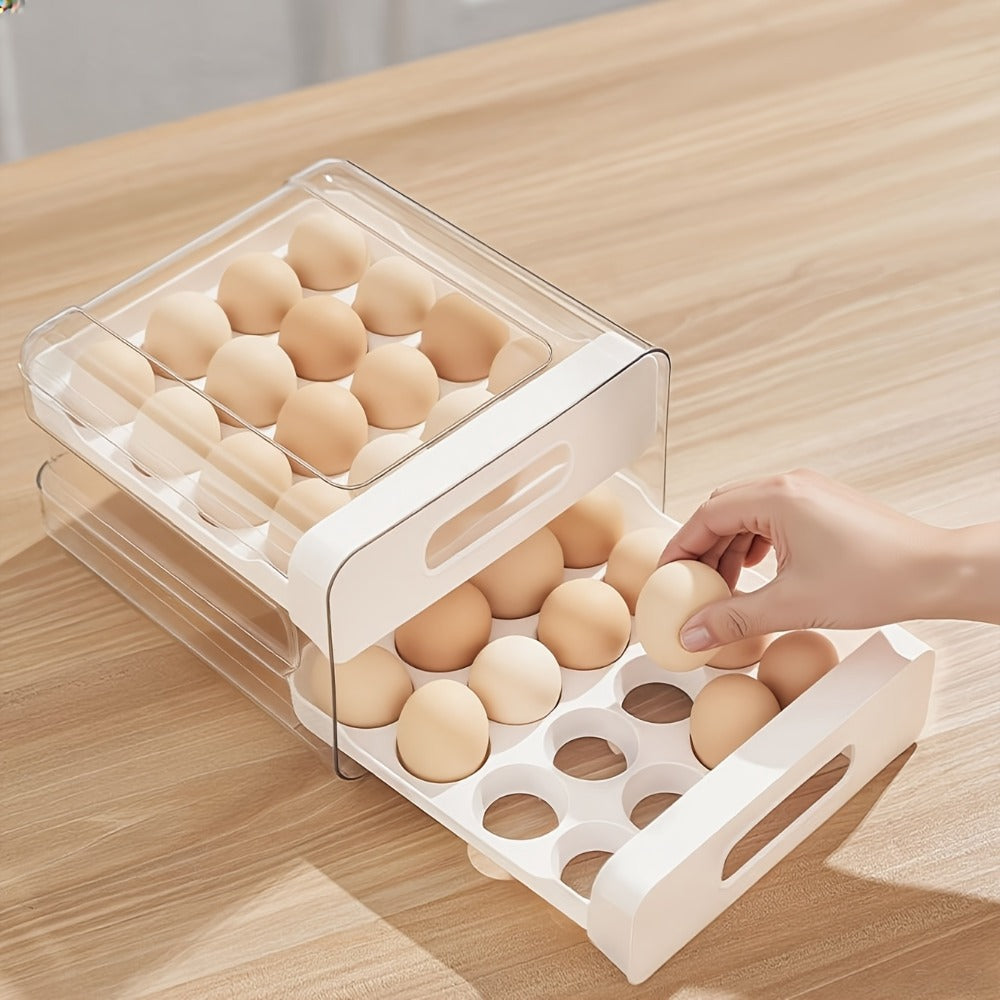Egg Storage Container 32 Grid Double Layer with Drawer | Fridge Egg Holder Organizer | Sturdy PET+PP Stackable Egg Tray for Refrigerator