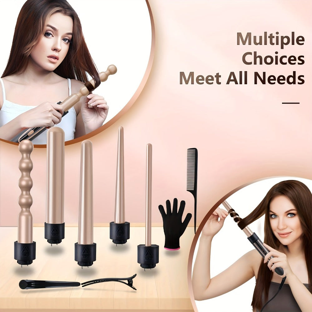 5-in-1 Curling Wand Set Ceramic Interchangeable Barrels 0.4-1.25 Inch – 30s Fast Heat, for Home, Travel and Salon Hair Styling