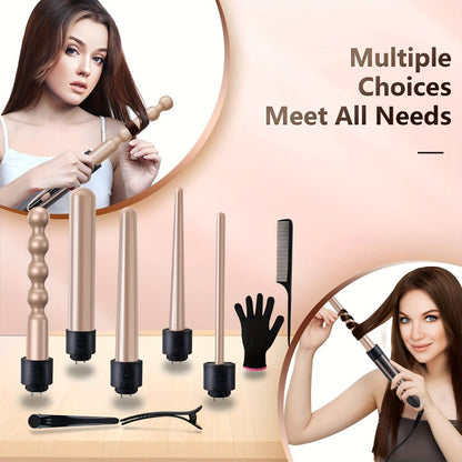 5-in-1 Curling Wand Set Ceramic Interchangeable Barrels 0.4-1.25 Inch – 30s Fast Heat, for Home, Travel and Salon Hair Styling