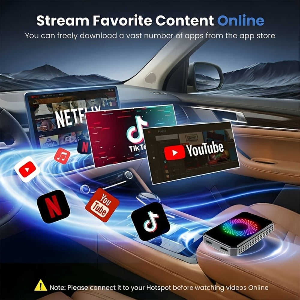 Wireless CarPlay Adapter AI Box 3-in-1 – Netflix YouTube TikTok Streaming, Dual WiFi 2.4G+5G, USB Drive Support