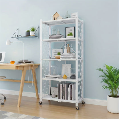 Three-to-Five-Tier Foldable Storage Rack with Carbon Steel Frame, Lockable Wheels and Three Colors