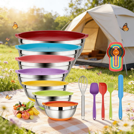 Stainless Steel Mixing Bowls Set with Airtight Lids 7 Piece, Stackable Nesting Bowls with Measuring Spoons Whisk Spatula Tongs Basting