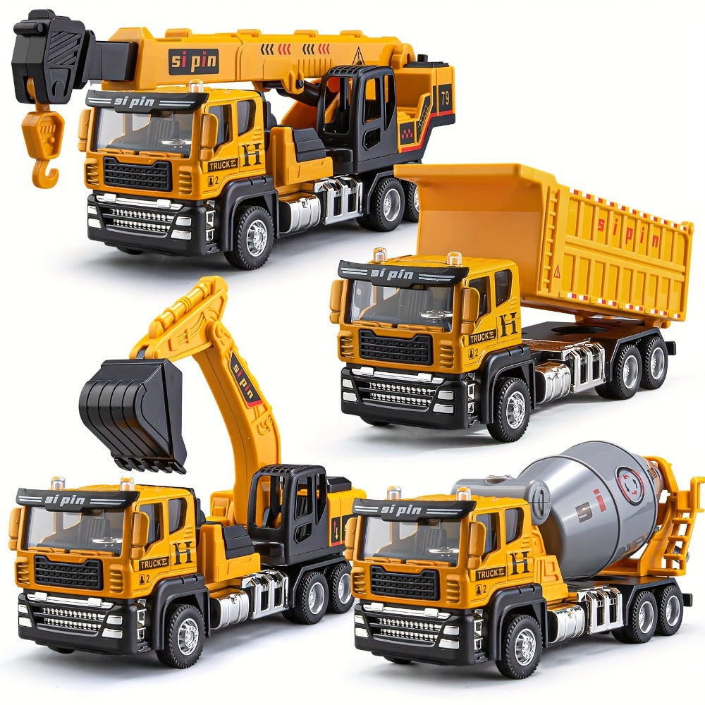 Die-Cast Construction Vehicle Toy Set, Mini Alloy Excavator, Dump Truck, Cement Mixer & Crane Trucks for Toddlers Boys Ages 3+