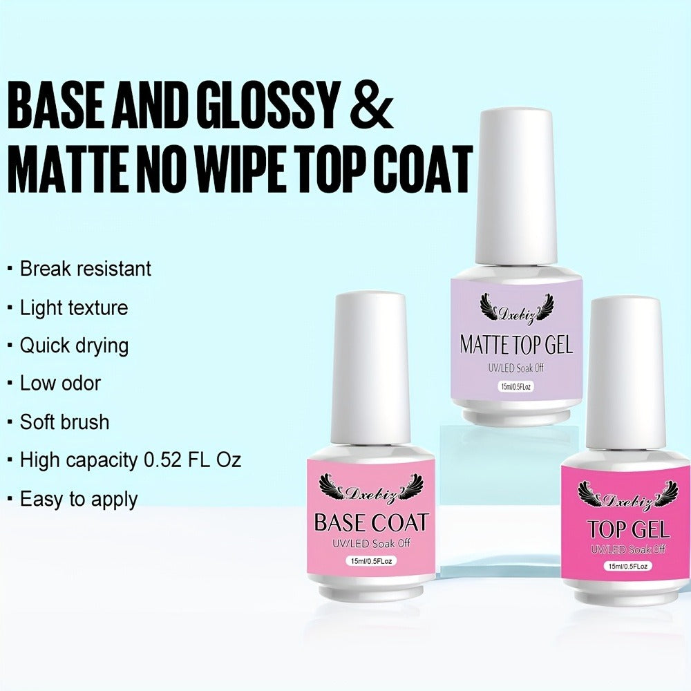 Gel Nail Polish 3-Piece Base and Top Coat Kit with No-Wipe Glossy, Matte and Base Gel for UV/LED Soak-Off Manicures