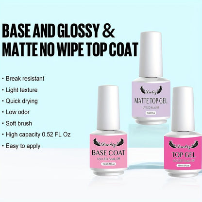 Gel Nail Polish 3-Piece Base and Top Coat Kit with No-Wipe Glossy, Matte and Base Gel for UV/LED Soak-Off Manicures