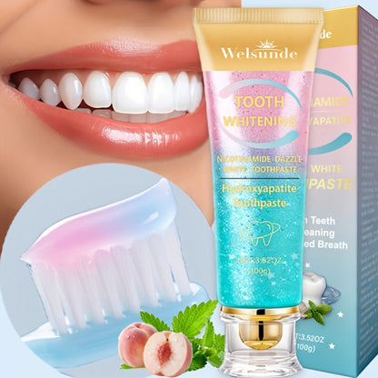 100g Mint Peach Toothpaste Tube with Niacinamide and Hydroxyapatite Highlighted on Box and Label