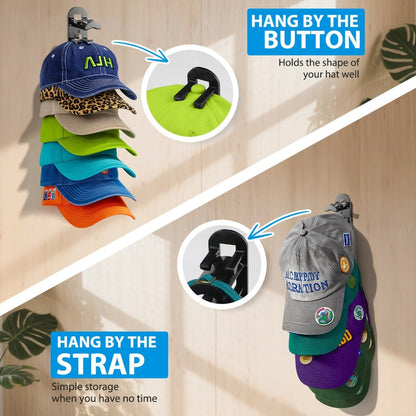 Wall Mounted Hat Rack for Baseball Caps, Adhesive or Drill Mount, Holds 20 Hats, Multilayer Storage