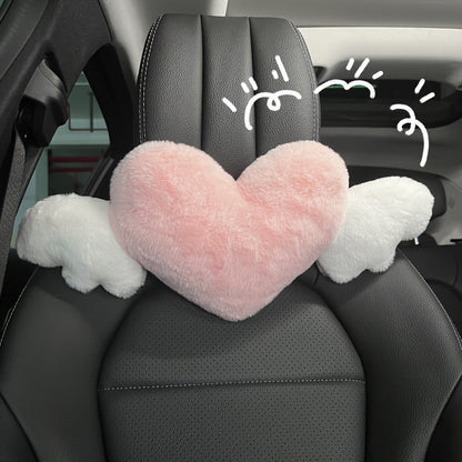 Car Headrest Neck Pillow Heart Shape with Angel Wings – Cute Plush Lumbar Cushion & Seat Back Pillow, Car Interior Decor Accessory