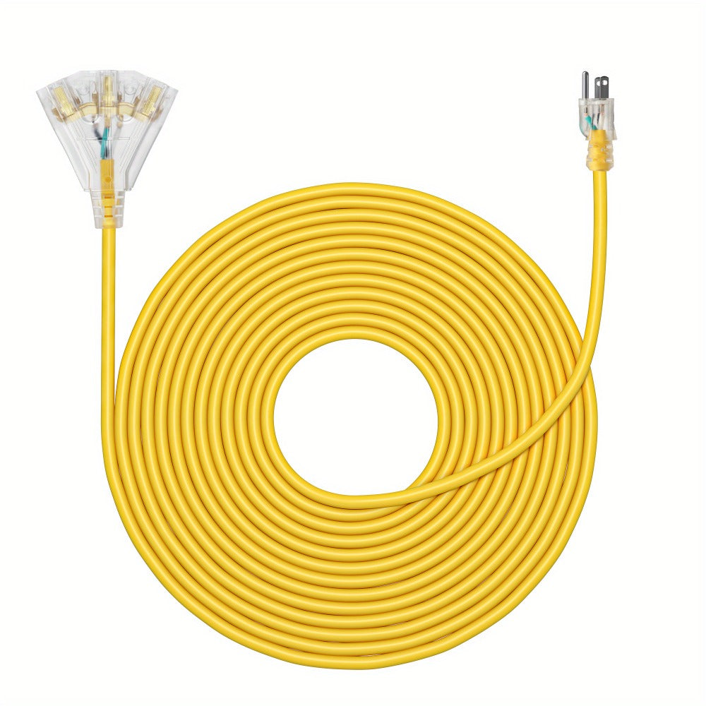 Yellow 25-Foot 14/3 Extension Cord with Three-Outlet Lighted Tri-Tap, 15A 125V and 1875W Label